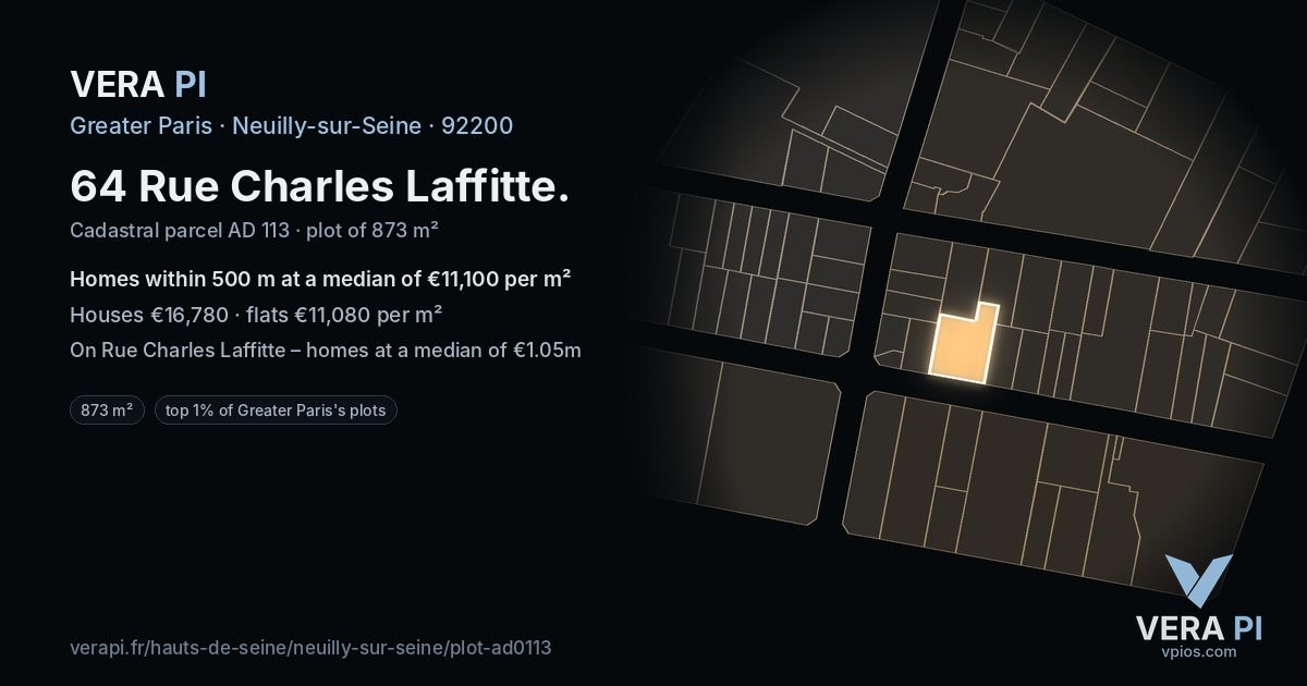 64 Rue Charles Laffitte, Neuilly-sur-Seine at night – the plot lit, the parcels around coloured by the prices near them