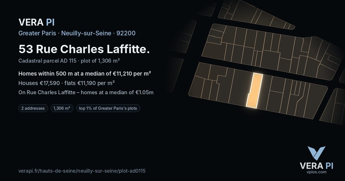 53 Rue Charles Laffitte, Neuilly-sur-Seine at night – the plot lit, the parcels around coloured by the prices near them
