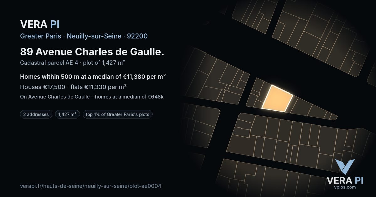 89 Avenue Charles de Gaulle, Neuilly-sur-Seine at night – the plot lit, the parcels around coloured by the prices near them