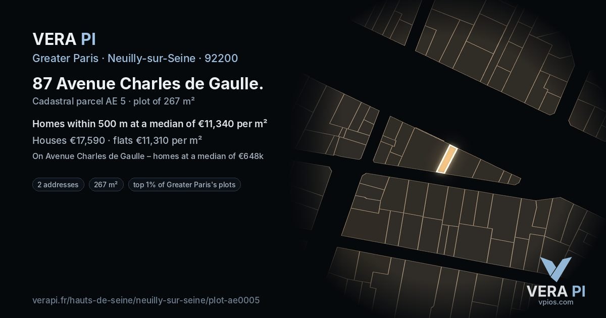 87 Avenue Charles de Gaulle, Neuilly-sur-Seine at night – the plot lit, the parcels around coloured by the prices near them
