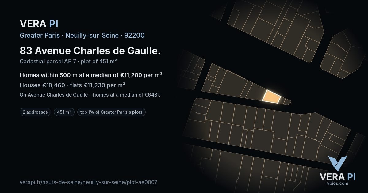 83 Avenue Charles de Gaulle, Neuilly-sur-Seine at night – the plot lit, the parcels around coloured by the prices near them