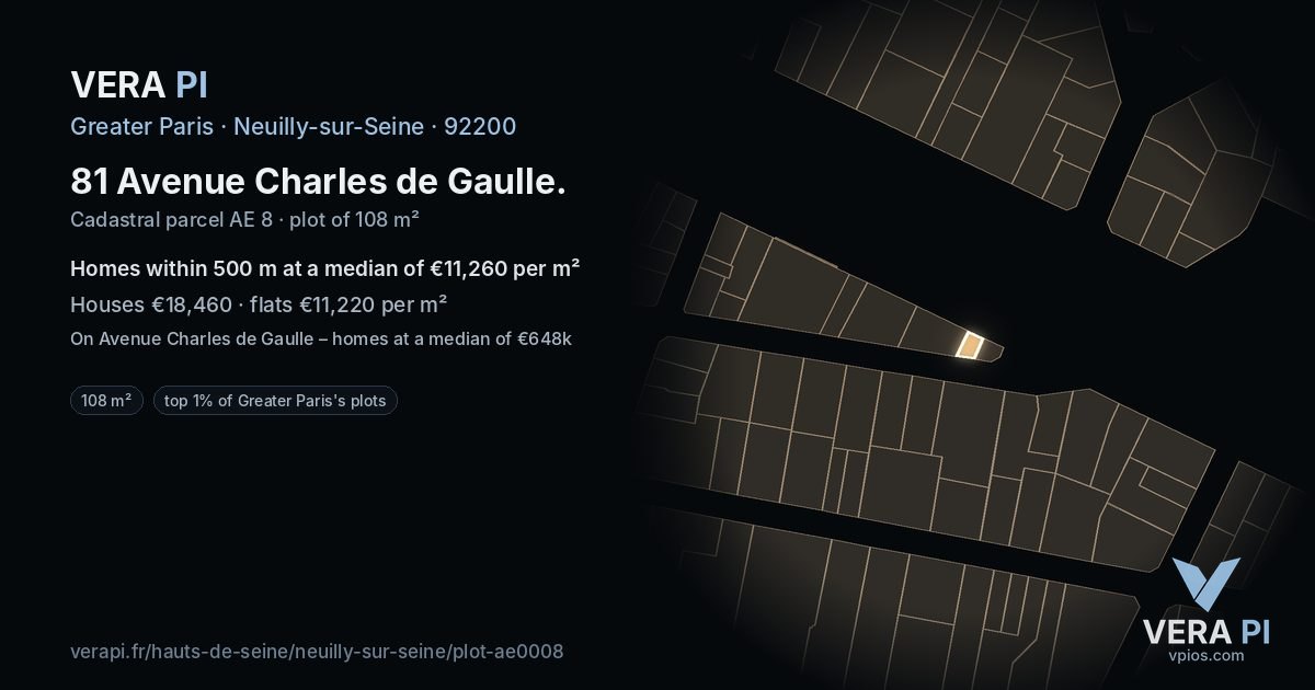 81 Avenue Charles de Gaulle, Neuilly-sur-Seine at night – the plot lit, the parcels around coloured by the prices near them