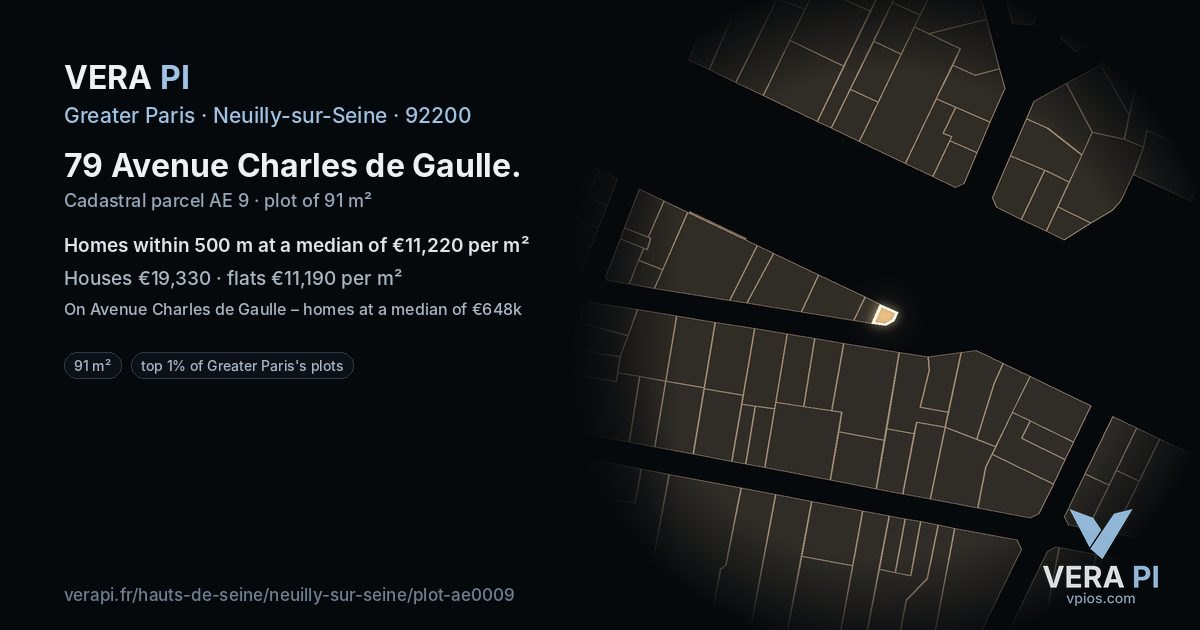 79 Avenue Charles de Gaulle, Neuilly-sur-Seine at night – the plot lit, the parcels around coloured by the prices near them