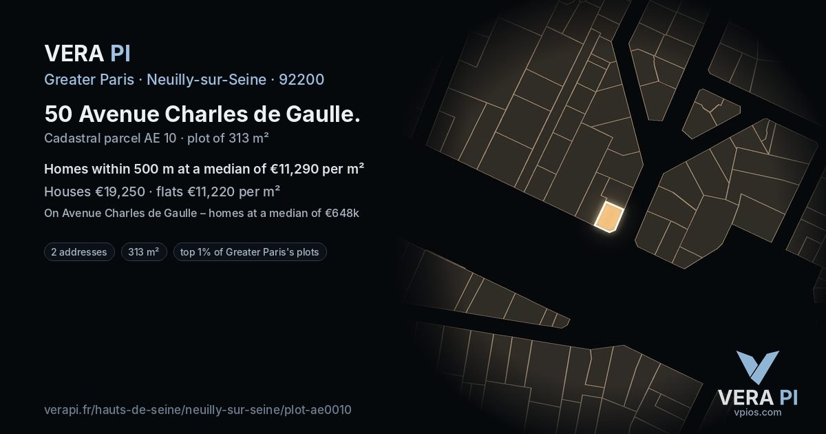 50 Avenue Charles de Gaulle, Neuilly-sur-Seine at night – the plot lit, the parcels around coloured by the prices near them