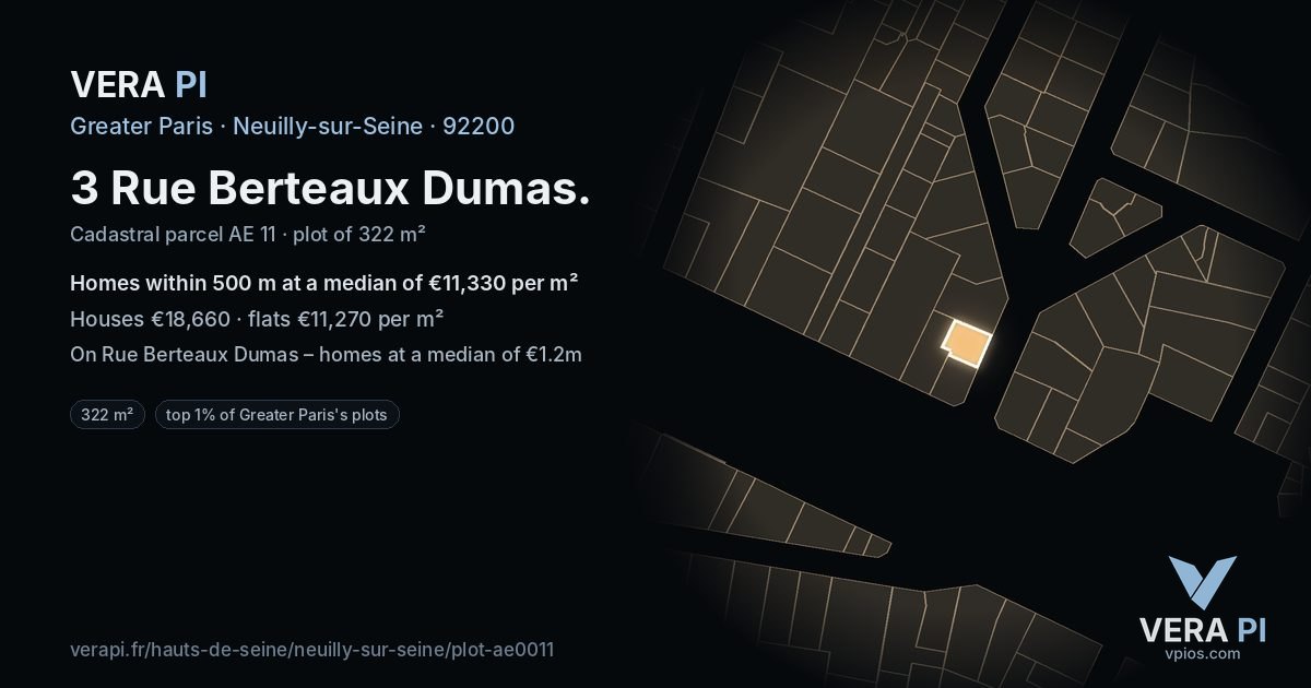3 Rue Berteaux Dumas, Neuilly-sur-Seine at night – the plot lit, the parcels around coloured by the prices near them
