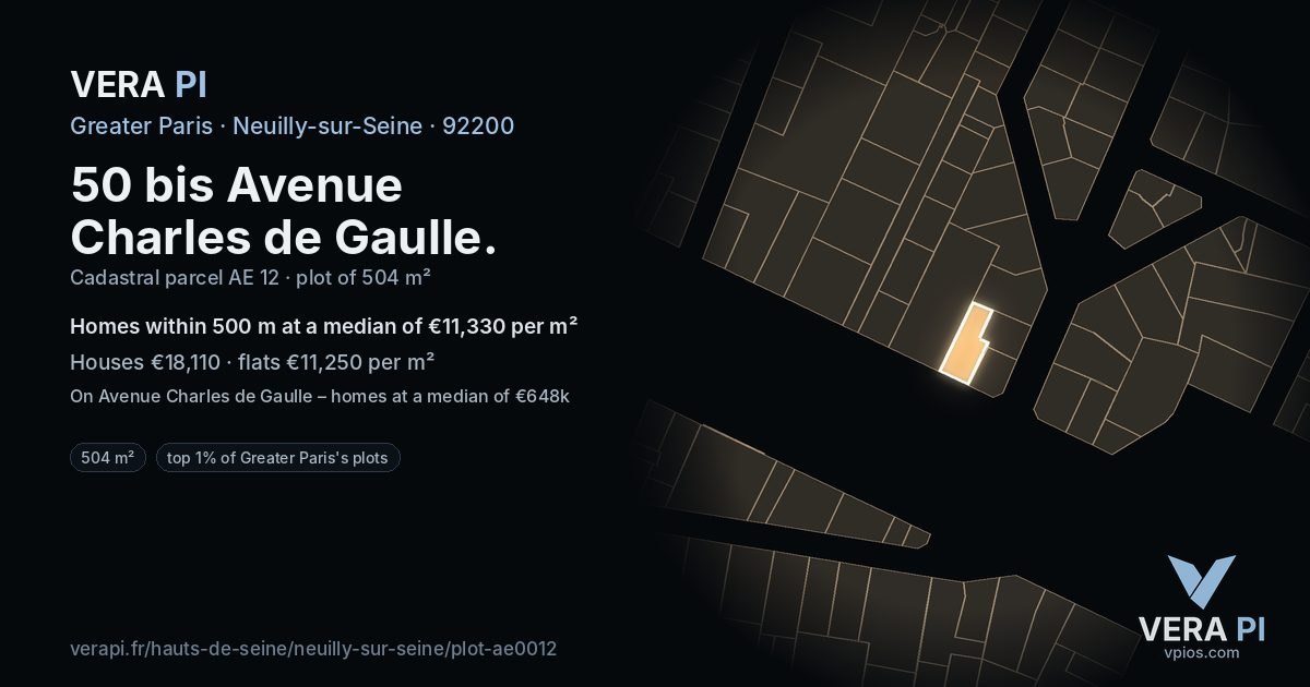50 bis Avenue Charles de Gaulle, Neuilly-sur-Seine at night – the plot lit, the parcels around coloured by the prices near them