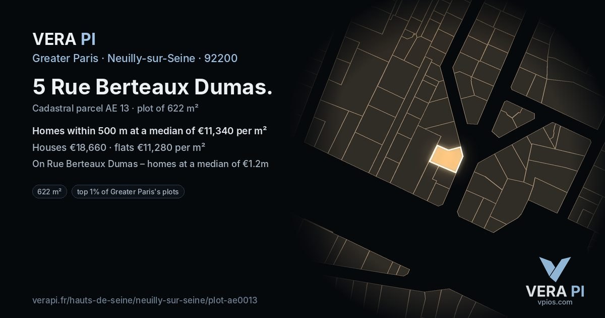 5 Rue Berteaux Dumas, Neuilly-sur-Seine at night – the plot lit, the parcels around coloured by the prices near them