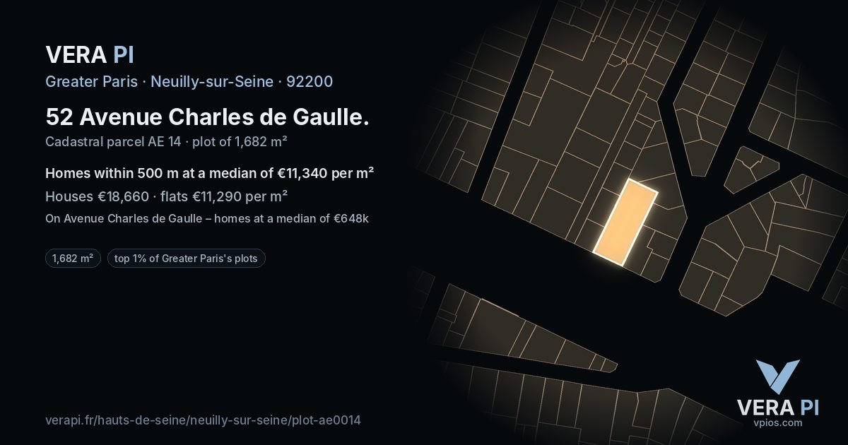 52 Avenue Charles de Gaulle, Neuilly-sur-Seine at night – the plot lit, the parcels around coloured by the prices near them