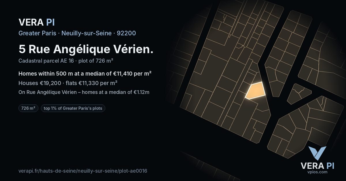 5 Rue Angélique Vérien, Neuilly-sur-Seine at night – the plot lit, the parcels around coloured by the prices near them