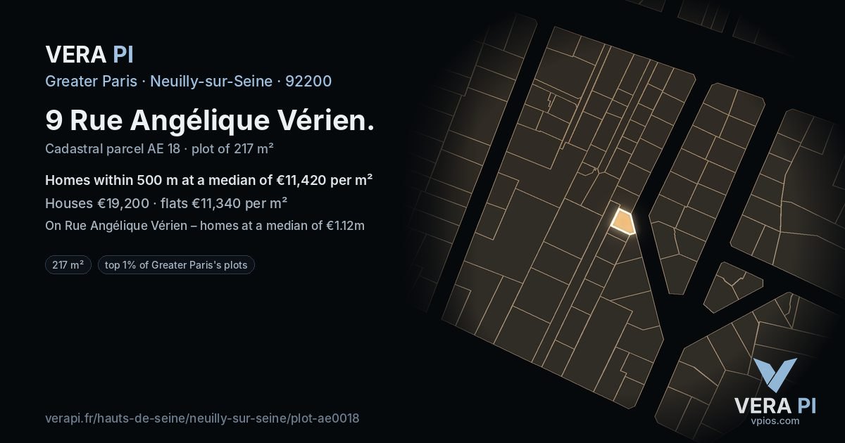 9 Rue Angélique Vérien, Neuilly-sur-Seine at night – the plot lit, the parcels around coloured by the prices near them