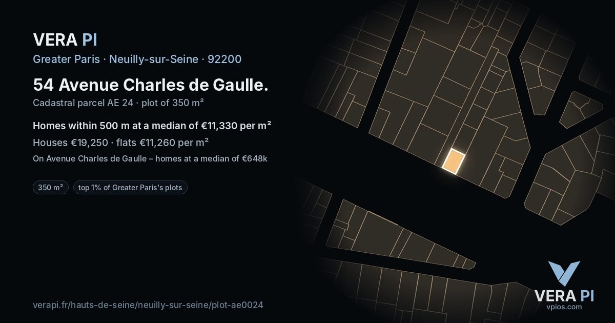 54 Avenue Charles de Gaulle, Neuilly-sur-Seine at night – the plot lit, the parcels around coloured by the prices near them