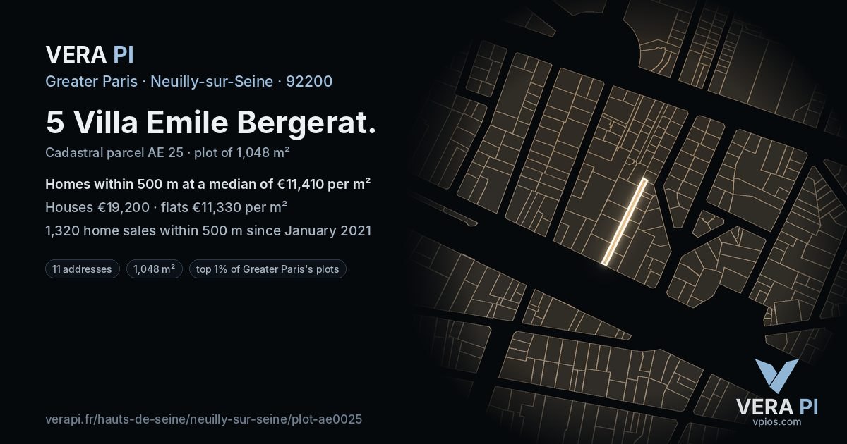 5 Villa Emile Bergerat, Neuilly-sur-Seine at night – the plot lit, the parcels around coloured by the prices near them