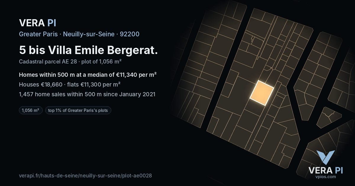 5 bis Villa Emile Bergerat, Neuilly-sur-Seine at night – the plot lit, the parcels around coloured by the prices near them