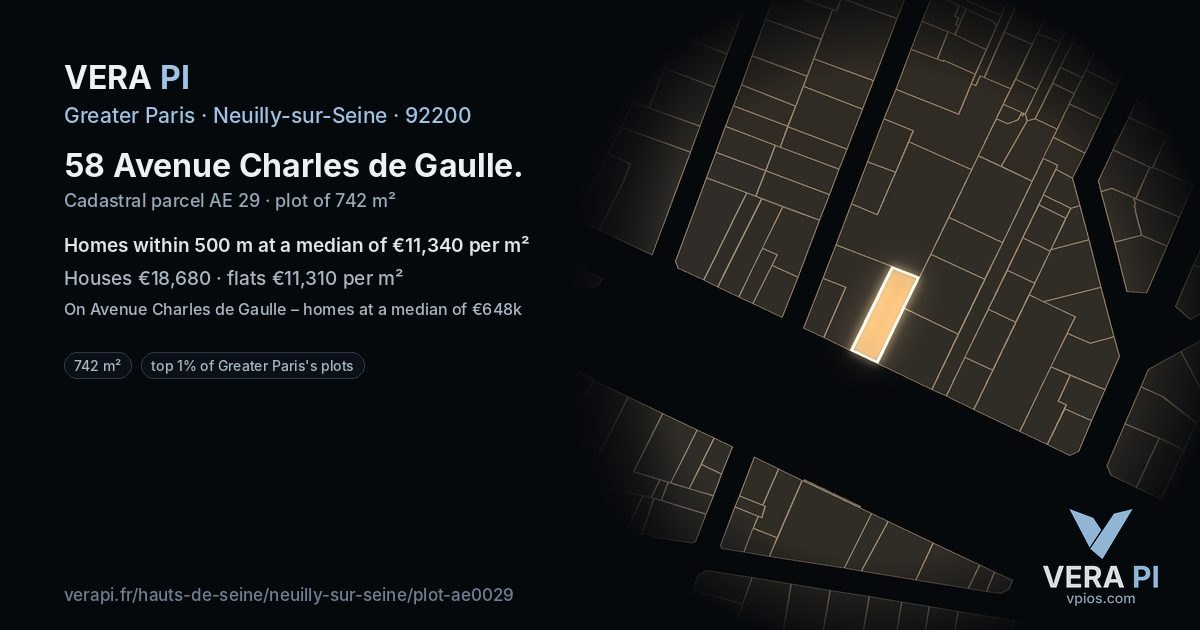 58 Avenue Charles de Gaulle, Neuilly-sur-Seine at night – the plot lit, the parcels around coloured by the prices near them