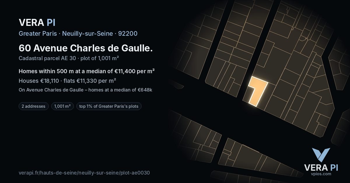 60 Avenue Charles de Gaulle, Neuilly-sur-Seine at night – the plot lit, the parcels around coloured by the prices near them
