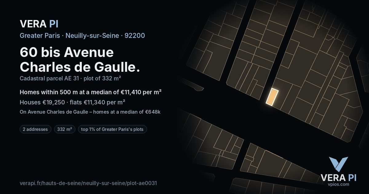 60 bis Avenue Charles de Gaulle, Neuilly-sur-Seine at night – the plot lit, the parcels around coloured by the prices near them