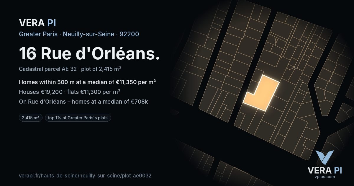 16 Rue d'Orléans, Neuilly-sur-Seine at night – the plot lit, the parcels around coloured by the prices near them