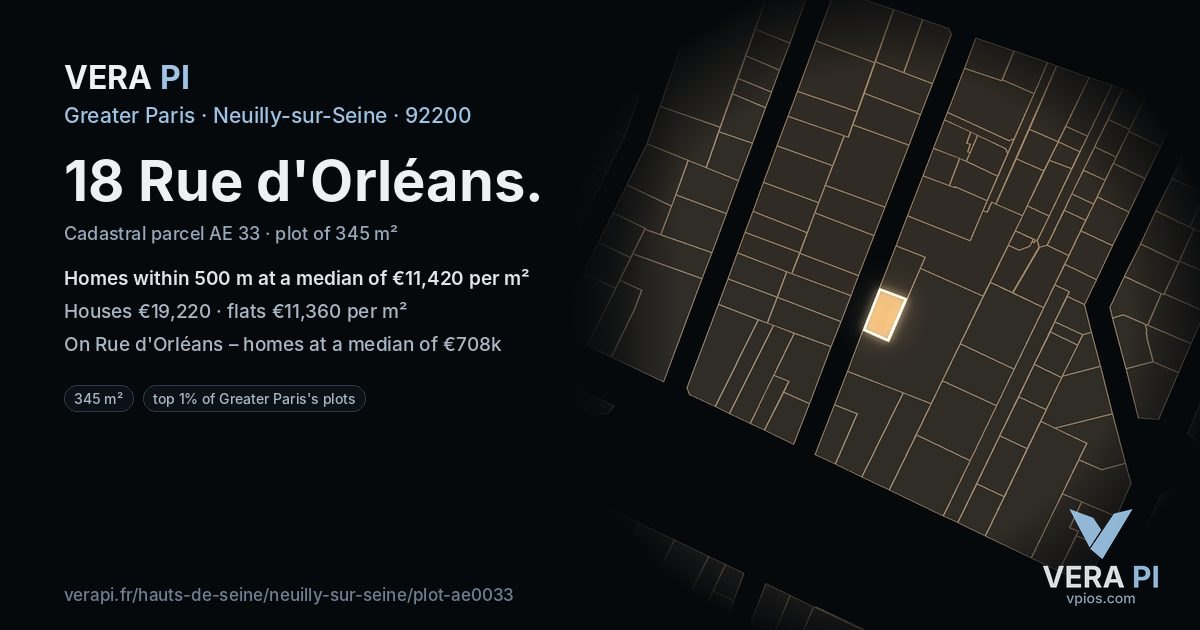 18 Rue d'Orléans, Neuilly-sur-Seine at night – the plot lit, the parcels around coloured by the prices near them