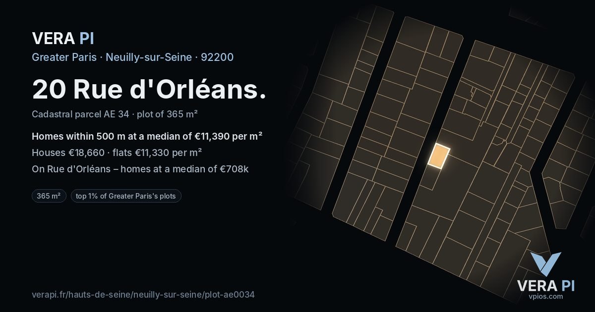 20 Rue d'Orléans, Neuilly-sur-Seine at night – the plot lit, the parcels around coloured by the prices near them