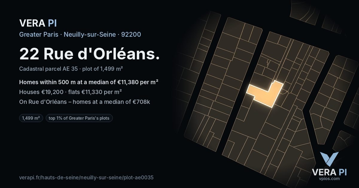 22 Rue d'Orléans, Neuilly-sur-Seine at night – the plot lit, the parcels around coloured by the prices near them
