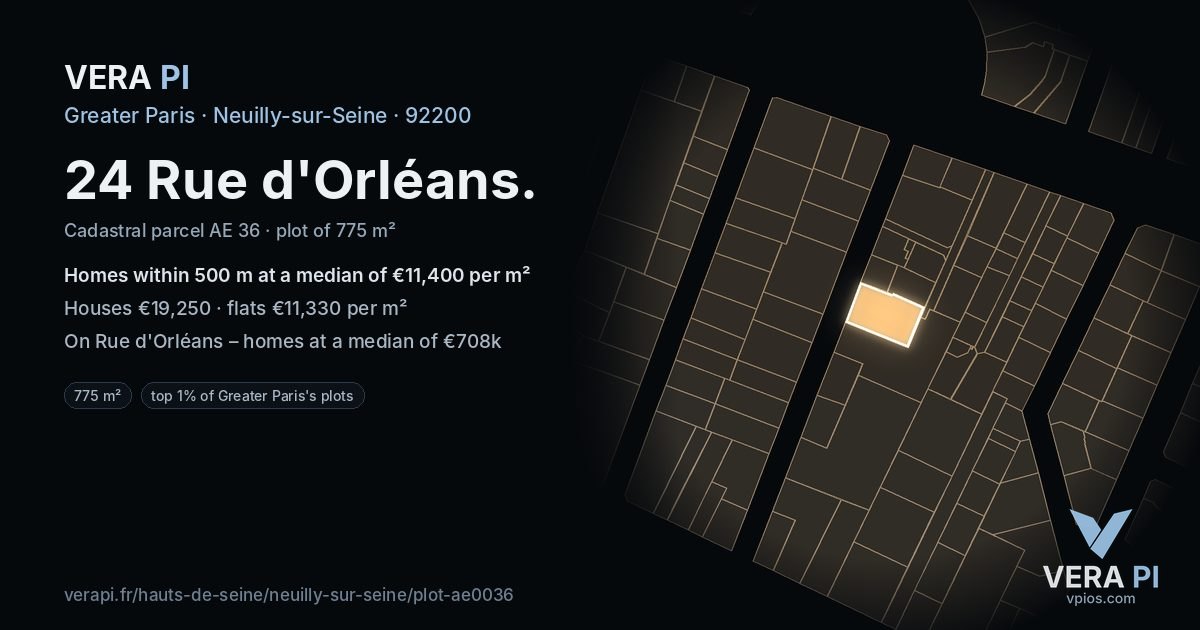 24 Rue d'Orléans, Neuilly-sur-Seine at night – the plot lit, the parcels around coloured by the prices near them