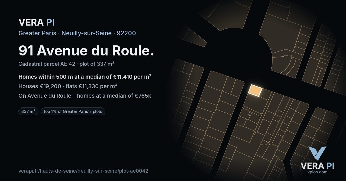 91 Avenue du Roule, Neuilly-sur-Seine at night – the plot lit, the parcels around coloured by the prices near them