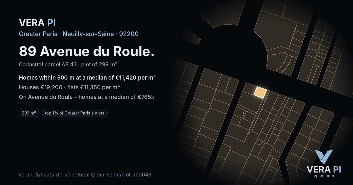 89 Avenue du Roule, Neuilly-sur-Seine at night – the plot lit, the parcels around coloured by the prices near them