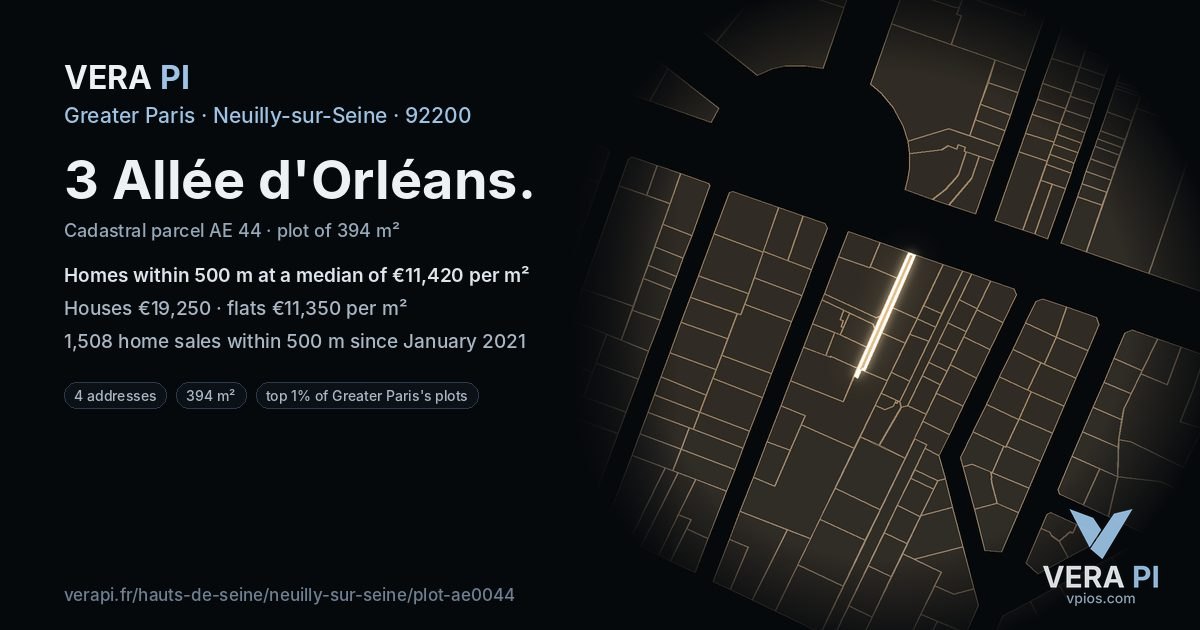 3 Allée d'Orléans, Neuilly-sur-Seine at night – the plot lit, the parcels around coloured by the prices near them