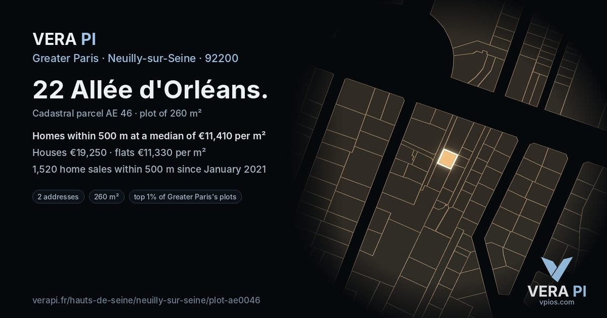 22 Allée d'Orléans, Neuilly-sur-Seine at night – the plot lit, the parcels around coloured by the prices near them