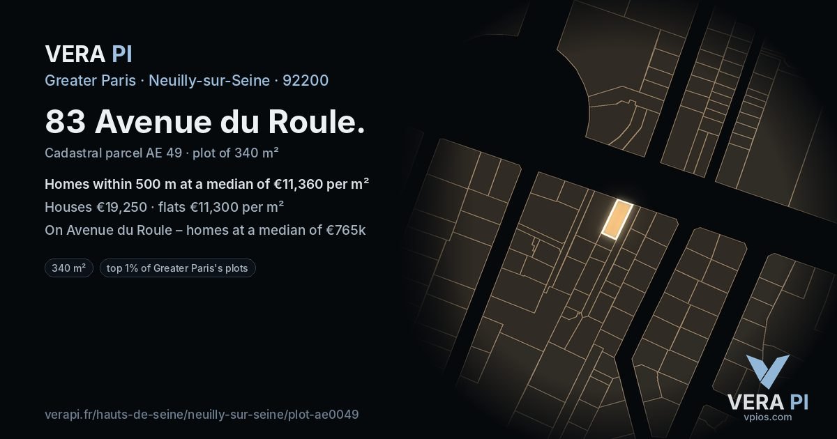 83 Avenue du Roule, Neuilly-sur-Seine at night – the plot lit, the parcels around coloured by the prices near them