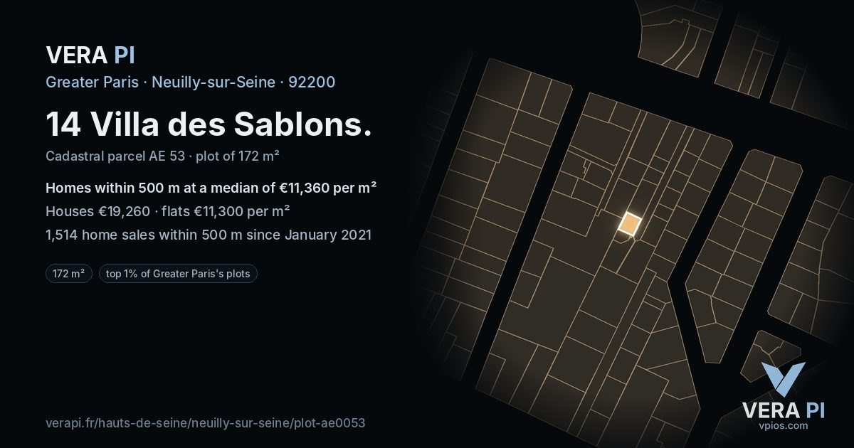 14 Villa des Sablons, Neuilly-sur-Seine at night – the plot lit, the parcels around coloured by the prices near them