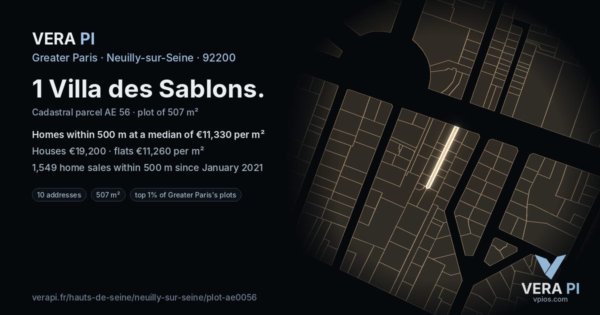 1 Villa des Sablons, Neuilly-sur-Seine at night – the plot lit, the parcels around coloured by the prices near them