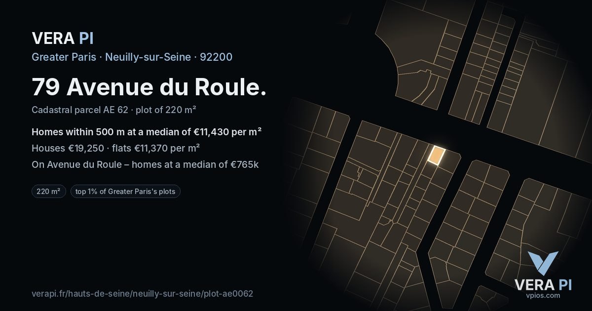 79 Avenue du Roule, Neuilly-sur-Seine at night – the plot lit, the parcels around coloured by the prices near them