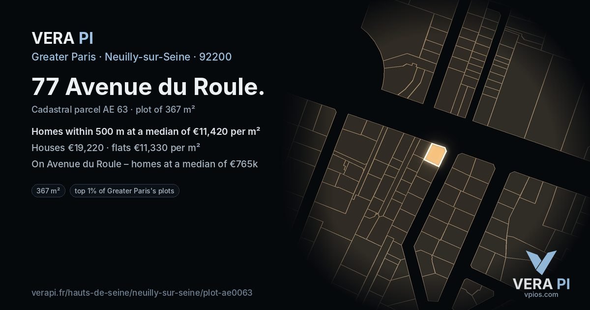 77 Avenue du Roule, Neuilly-sur-Seine at night – the plot lit, the parcels around coloured by the prices near them
