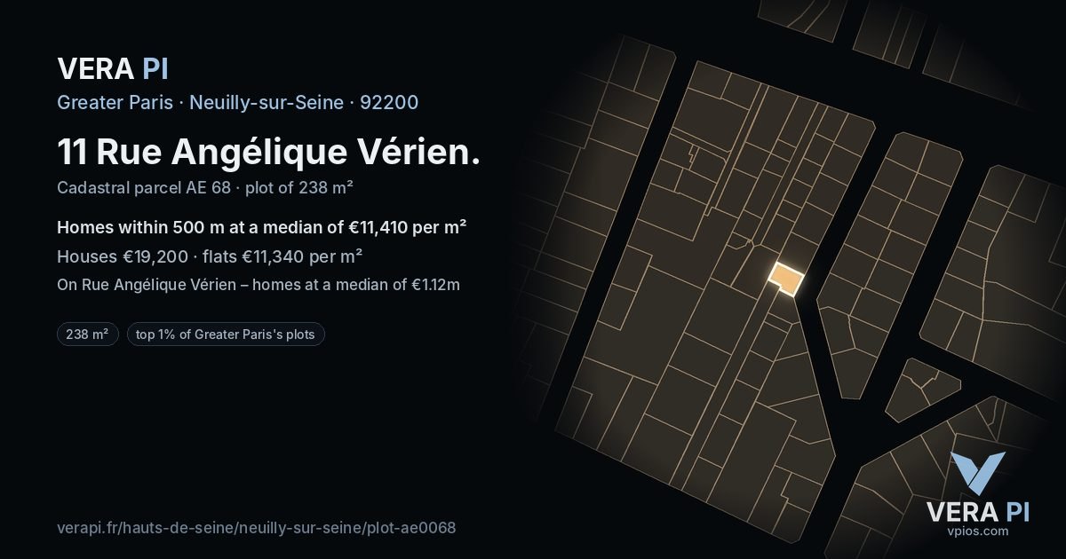 11 Rue Angélique Vérien, Neuilly-sur-Seine at night – the plot lit, the parcels around coloured by the prices near them