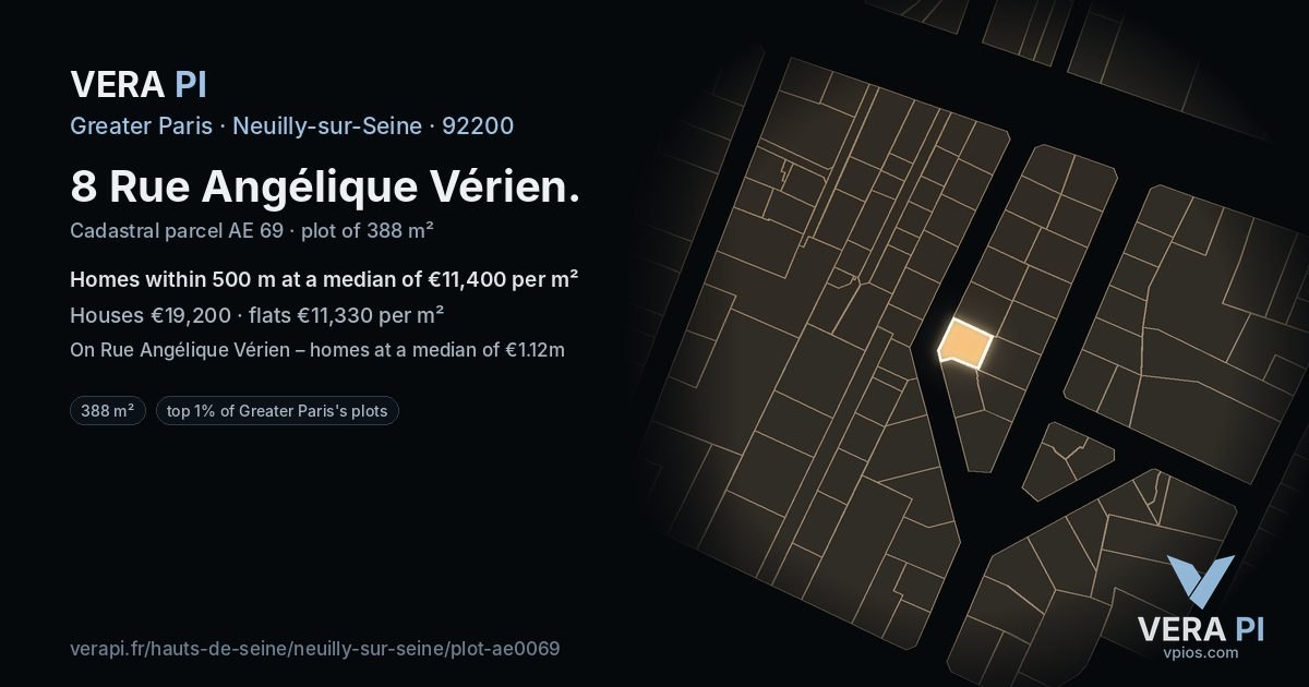 8 Rue Angélique Vérien, Neuilly-sur-Seine at night – the plot lit, the parcels around coloured by the prices near them