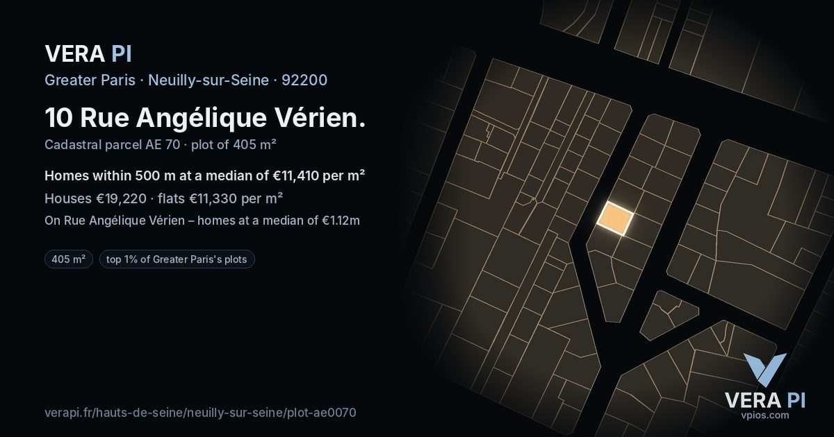 10 Rue Angélique Vérien, Neuilly-sur-Seine at night – the plot lit, the parcels around coloured by the prices near them