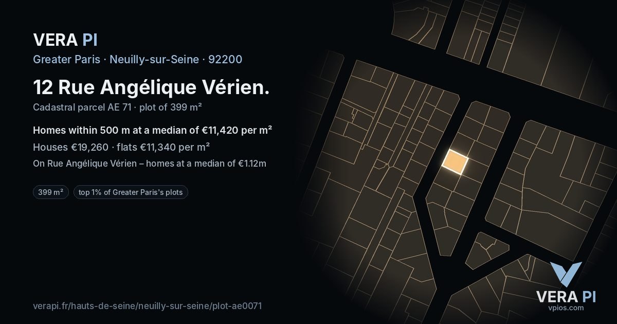 12 Rue Angélique Vérien, Neuilly-sur-Seine at night – the plot lit, the parcels around coloured by the prices near them