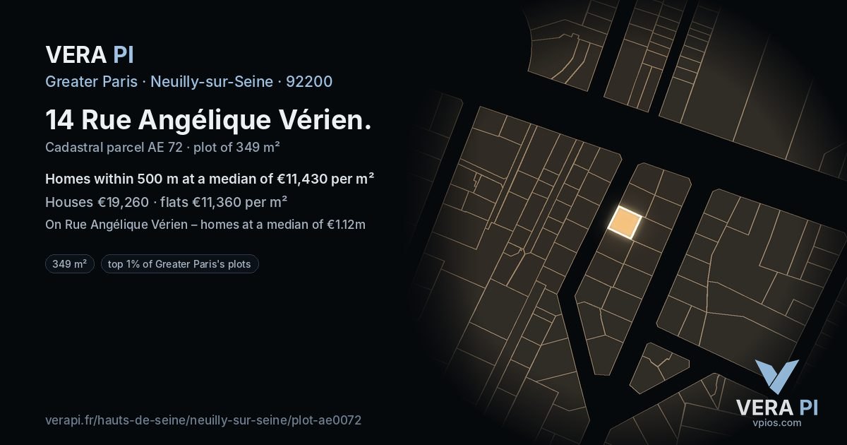 14 Rue Angélique Vérien, Neuilly-sur-Seine at night – the plot lit, the parcels around coloured by the prices near them