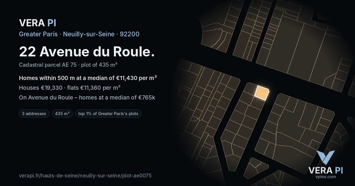 22 Avenue du Roule, Neuilly-sur-Seine at night – the plot lit, the parcels around coloured by the prices near them