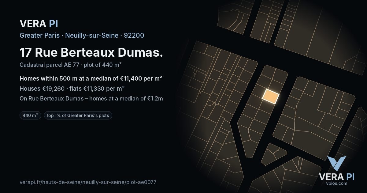17 Rue Berteaux Dumas, Neuilly-sur-Seine at night – the plot lit, the parcels around coloured by the prices near them