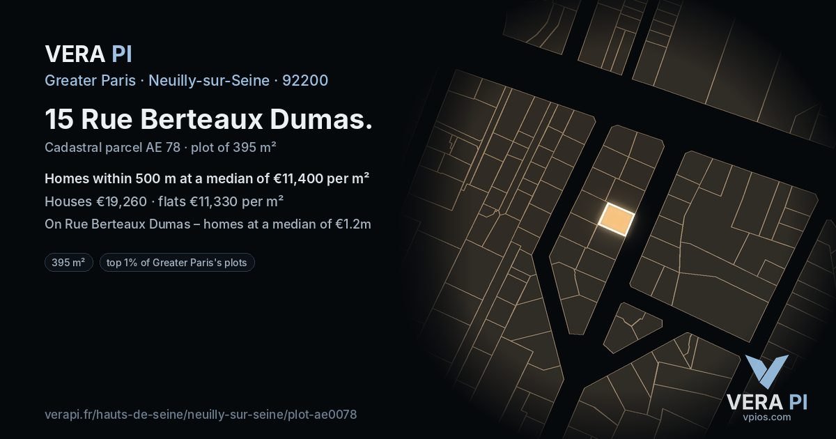 15 Rue Berteaux Dumas, Neuilly-sur-Seine at night – the plot lit, the parcels around coloured by the prices near them
