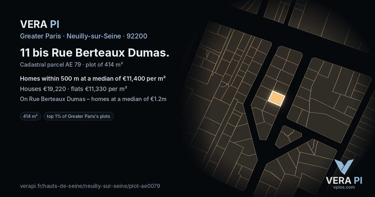 11 bis Rue Berteaux Dumas, Neuilly-sur-Seine at night – the plot lit, the parcels around coloured by the prices near them