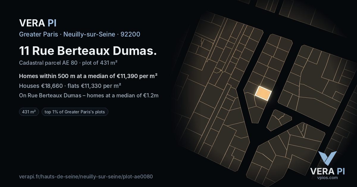 11 Rue Berteaux Dumas, Neuilly-sur-Seine at night – the plot lit, the parcels around coloured by the prices near them