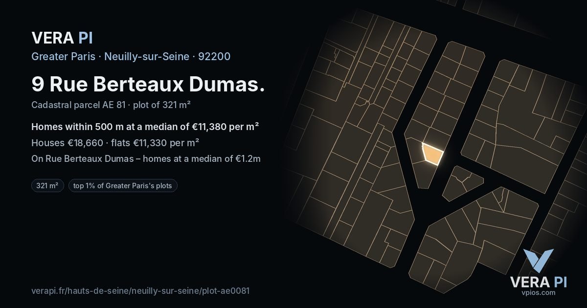 9 Rue Berteaux Dumas, Neuilly-sur-Seine at night – the plot lit, the parcels around coloured by the prices near them