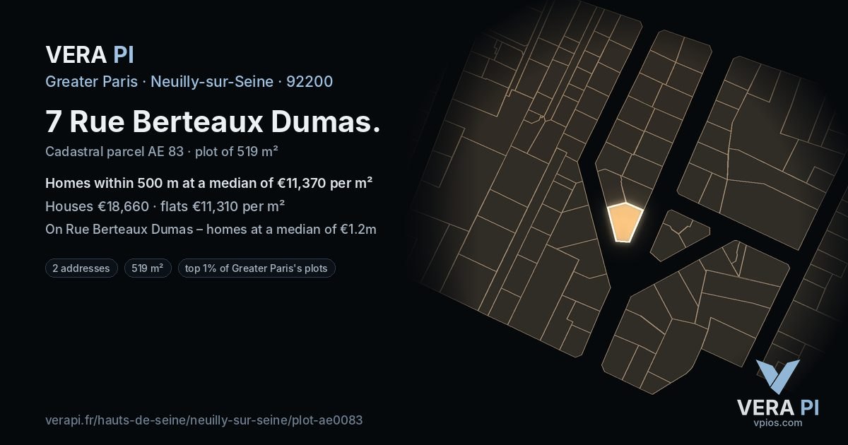 7 Rue Berteaux Dumas, Neuilly-sur-Seine at night – the plot lit, the parcels around coloured by the prices near them