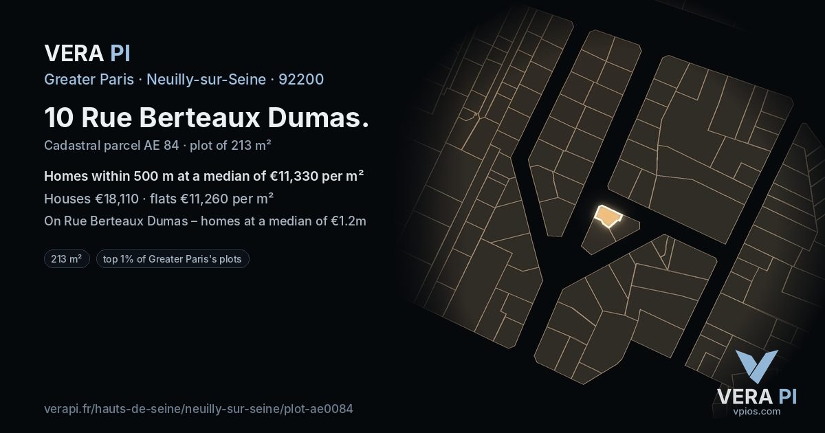 10 Rue Berteaux Dumas, Neuilly-sur-Seine at night – the plot lit, the parcels around coloured by the prices near them