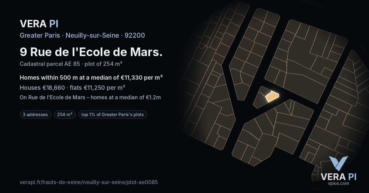9 Rue de l'Ecole de Mars, Neuilly-sur-Seine at night – the plot lit, the parcels around coloured by the prices near them