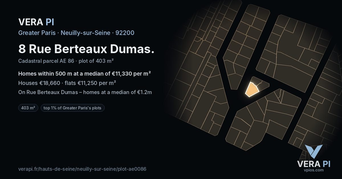 8 Rue Berteaux Dumas, Neuilly-sur-Seine at night – the plot lit, the parcels around coloured by the prices near them