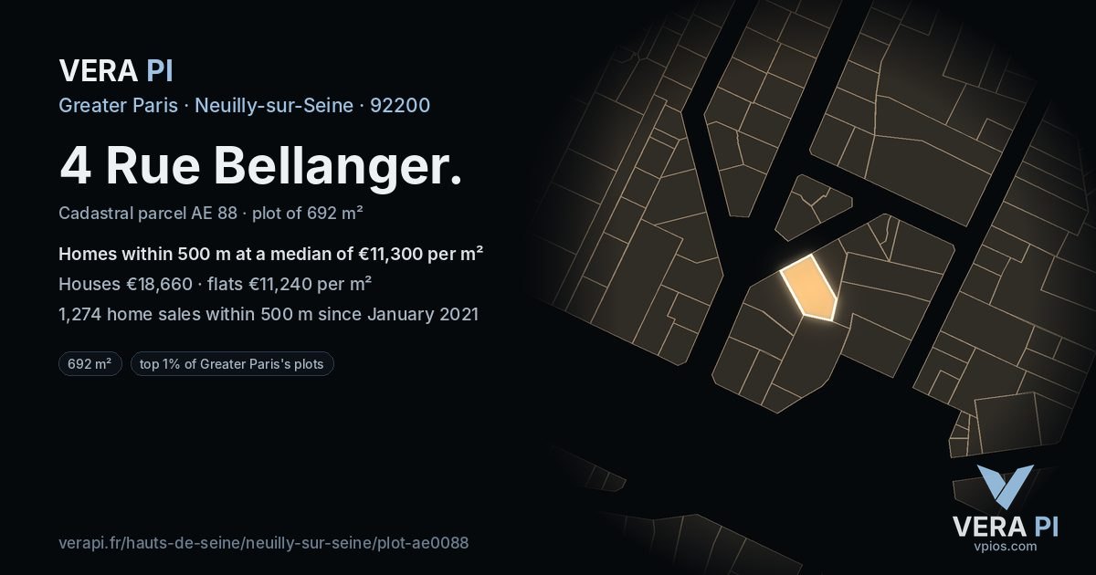 4 Rue Bellanger, Neuilly-sur-Seine at night – the plot lit, the parcels around coloured by the prices near them